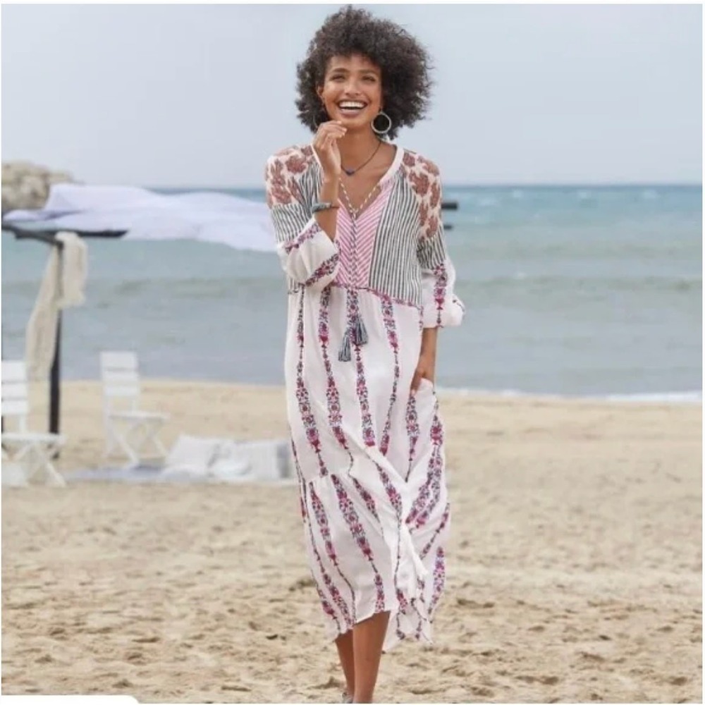 Sundance Laisella Maxi Dress Embroidered Kaftan Floral Stripe Medium Coverup